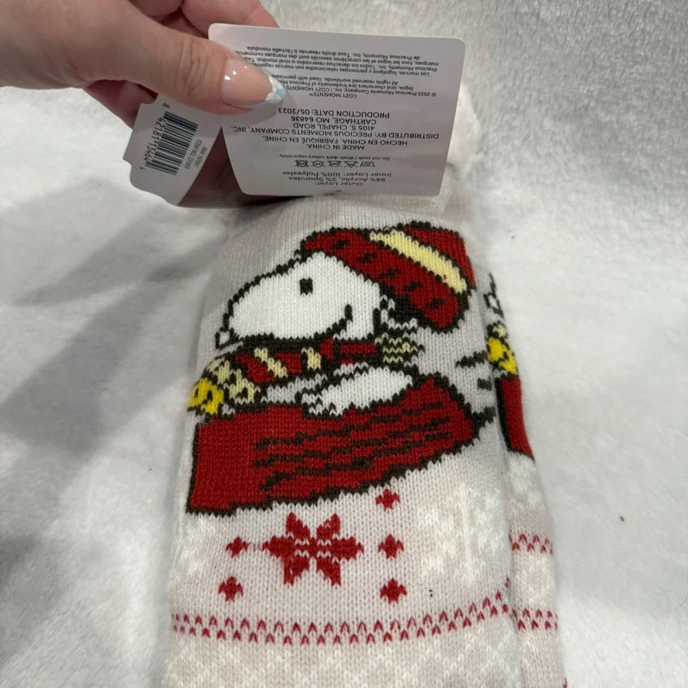 Peanuts Snoopy Sherpa Lined Slipper Socks White Red Fair Isle Non-Slip NWT‎